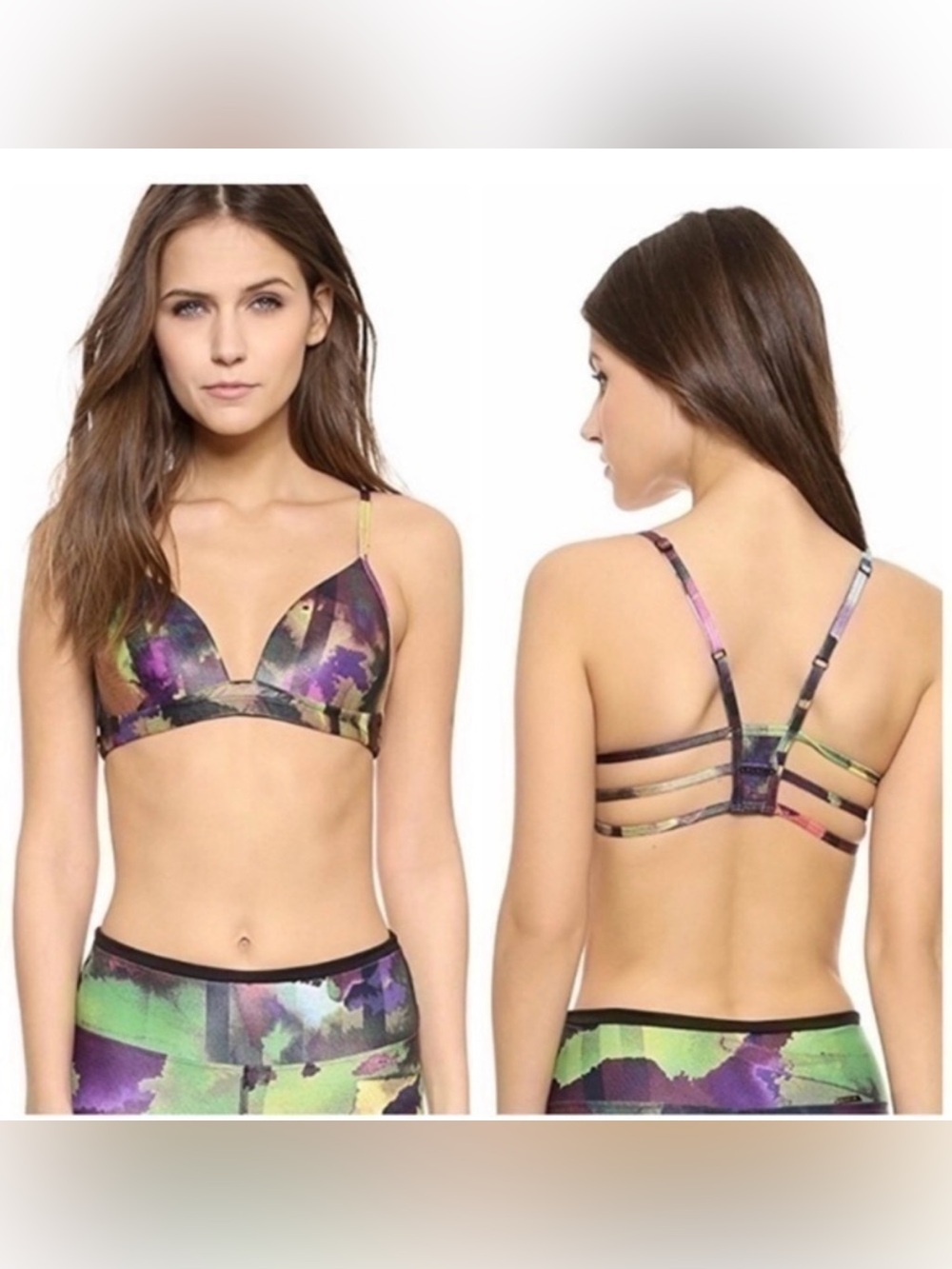 Koral Multicolor Strappy Sports Bra — Purple, Green, Black